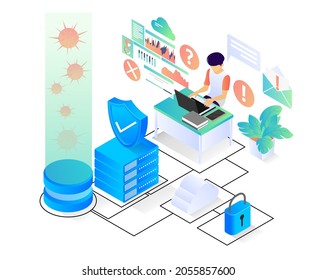 Computer application virus protection programmer isometric style illustration