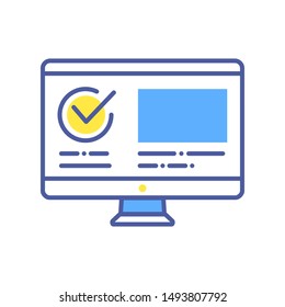 Computer with approved checkmark color line icon. Successful registration, update or download concept. Agreement, validation element. Sign for web page, mobile app. Vector isolated object. 