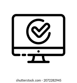 Computer with approved checkmark color line icon. Successful registration, update or download concept. Agreement, validation element. Vector isolated object. 