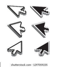 Computer arrow in different perspective view, pixelated mouse pointers, cursor sign design, mouse icon, template, vector illustration on white background