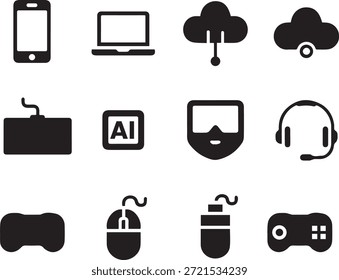 Computer and artificial intelligence icons in silhouette style, isolated on a white background, ideal for technology, digital innovation, data, and modern tech design projects.