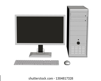 Computer assembly. System unit, monitor, keyboard, mouse. Front view. 3D Vector illustration.