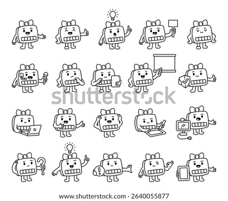 Computer assistant guide character set demonstrating various technology tasks with tablet, board, microphone, laptop, gestures, emotions, communication, and devices for education in information