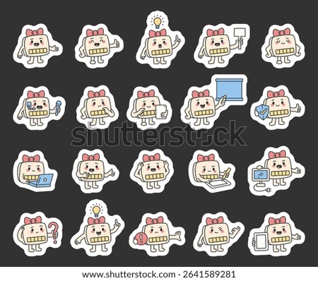 Computer assistant guide character set demonstrating various technology tasks with tablet, board, microphone, laptop, gestures, emotions, communication, and devices for education in information
