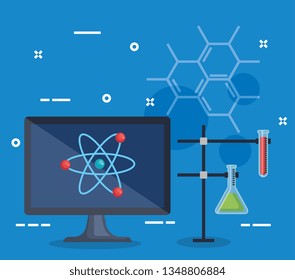 computer with atom and erlenmeyer flask with tube test