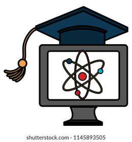 computer with atom and graduation hat