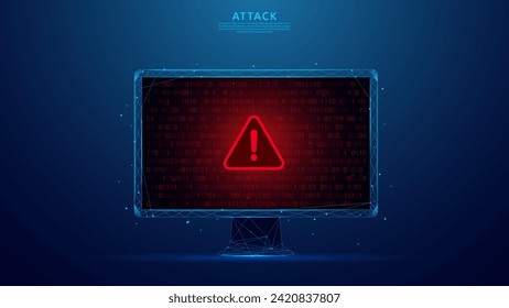 advertencia de ataque informático. Número de código binario. Violación de datos, malware, ataque cibernético, hackeo. fondo azul de estilo de poli bajo.