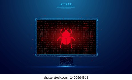 computer attack warning. Binary Code Number. Data Breach, Malware, Cyber ​​Attack, Hacking. blue low poly style background.