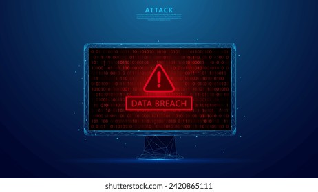 computer attack warning. Binary Code Number. Data Breach, Malware, Cyber ​​Attack, Hacking. blue low poly style background.