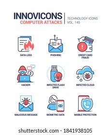 Computer attacks - colorful line design style icons. Internet safety idea. Infected cloud and flash drive, hacker, credit card fraud, data loss, phishing, malicious message, mobile protection images