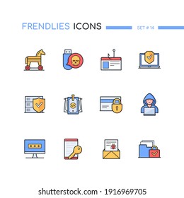 Computer attacks - colorful line design style icons. Internet safety idea. Trojan, email malware, phishing, hacker, USB virus. File and data protection, money laundering and mobile security, antivirus