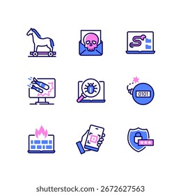 Ataques informáticos - iconos coloridos del estilo del diseño de la línea