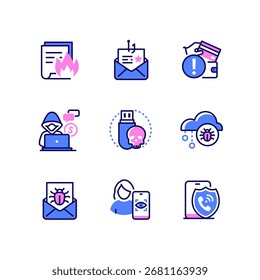 Ataques informáticos - iconos coloridos del estilo del diseño de la línea