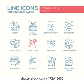 Computer Attacks - Modern Vector Plain Line Design Icons And Pictograms Set. Trojan, E-mail Malware, Worm, Ddos, Software Bug, Logic Bomb, Firewall, Scanning System, Password, Data Loss, Phishing