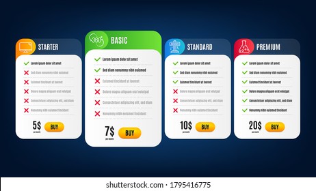 Computer, Attraction and Chemistry lab line icons set. Pricing table, subscription plan. 360 degree sign. Pc component, Free fall, Laboratory. Virtual reality. Business set. Vector