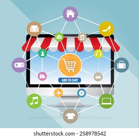Computer with awning and basket on line shop, ecommerce concept vector