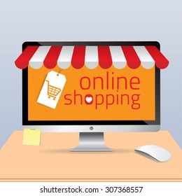 Computer with awning and basket online shopping, e-commerce concept vector