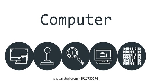 computer background concept with computer icons. Icons related computer, zoom in, joystick, binary code, monitoring