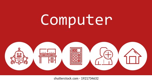 Computerhintergrund-Konzept mit Computersymbolen. Icons verwandter Roboter, Taschenrechner, Schreibtisch, Benutzer, Haus