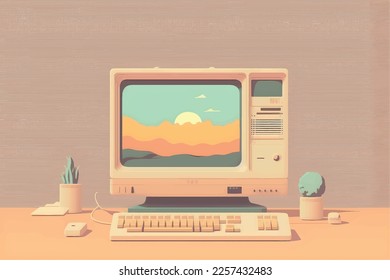 Computerhintergrund auf Retro-Hintergrund, weiche Farben, minimales Flachdesign