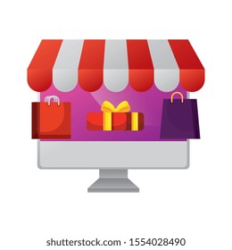 computer with bags shopping and gift box vector illustration design