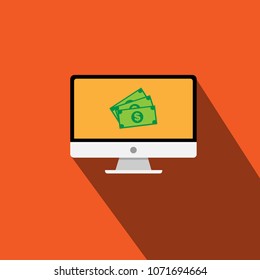 Computer with banknote in trendy flat style isolated on orange background for technology and business concept. Vector illustration.