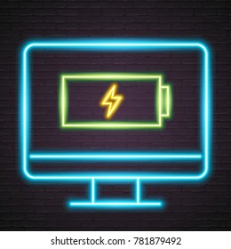 Computer with Battery Energy Neon Light Glowing Emblem in Neon Style, Bright Advertisement