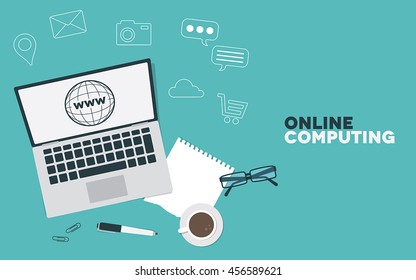 A computer being used for online activites, with office stationery