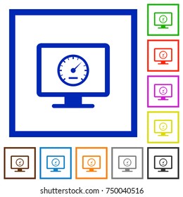 Computer benchmark flat color icons in square frames on white background