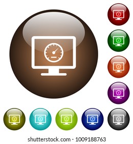 Computer benchmark white icons on round color glass buttons