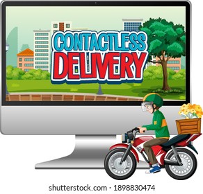 Computer with bike man or courier and contactless delivery logo illustration