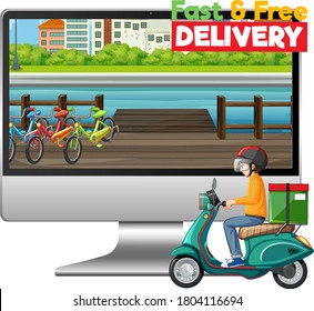 Computer with bike man or courier and fast and free delivery logo illustration
