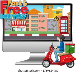 Computer with bikeman or courier and fast and free delivery logo illustration