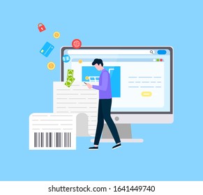 Computer with bill having qr code vector, man looking at screen of smartphone, male using cell phone, digital era communication and work, online service