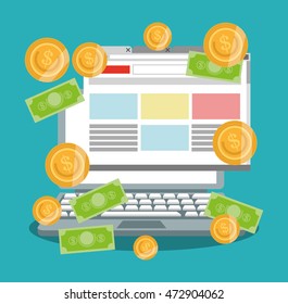 computer bills coins ecommerce shopping online technology icon. Colorful and Flat design. Vector illustration