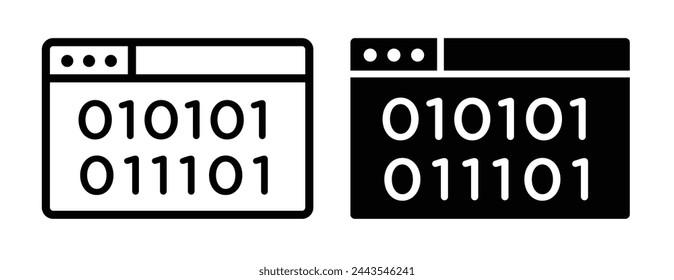 Código binario de computadora e iconos de programación. Datos de software y símbolos de lenguaje digital.