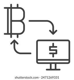 Computadora y Bitcoin conectados con Flechas Vector Icono de concepto de criptomoneda o símbolo en estilo de esquema