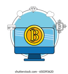 computer with bitcoin and digital icons around
