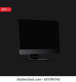 Computer With A Black Display In Perspective Vector Design. Realistic Monitor, Screen With Mockup Isolated On Dark Background For Banner, Flyers Or Advertising.