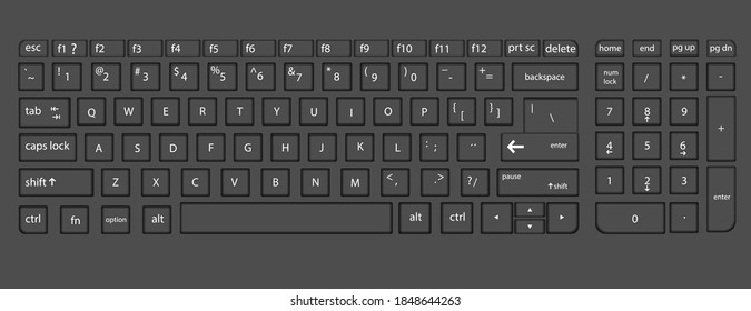Computer Black keyboard isolated on black background. Vector illustration.Suitable for basic elements of computer text input devices,Electronic Device, Realistic Laptop/ Desktop Keyboard Isolated.