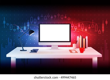 Computer blank screen on work table with blue and red theme background about stock market concept. Ideal for mock up and other.