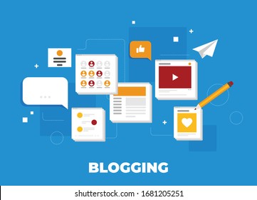 Computer with blogging activity. Flat vector.