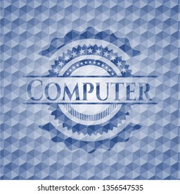 Computer blue badge with geometric pattern background.
