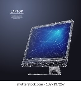 A computer blue monitor composed of polygons. Low poly vector illustration on dark background. Gadget consists of lines, dots and shapes. Internet or digital or devices and computer symbol. 