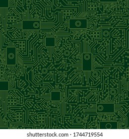 Computer board chip green pattern. Modern motherboard with  green pattern abstract conductive vector lines processor chip video card digital graphic engineering computer equipment.