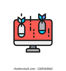 Computer with bomb, virus flat color line icon.