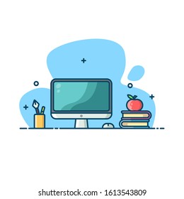 Computer, book with apple vector flat design illustration. Modern setup. For web landing page, background and more.