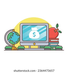 Computer Book Globe And Apple Illustration