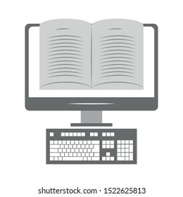 computer with book icon on screen over white background, vector illustration