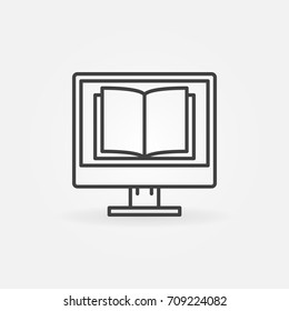 Computer with a book icon. Vector online reading concept sign in thin line style